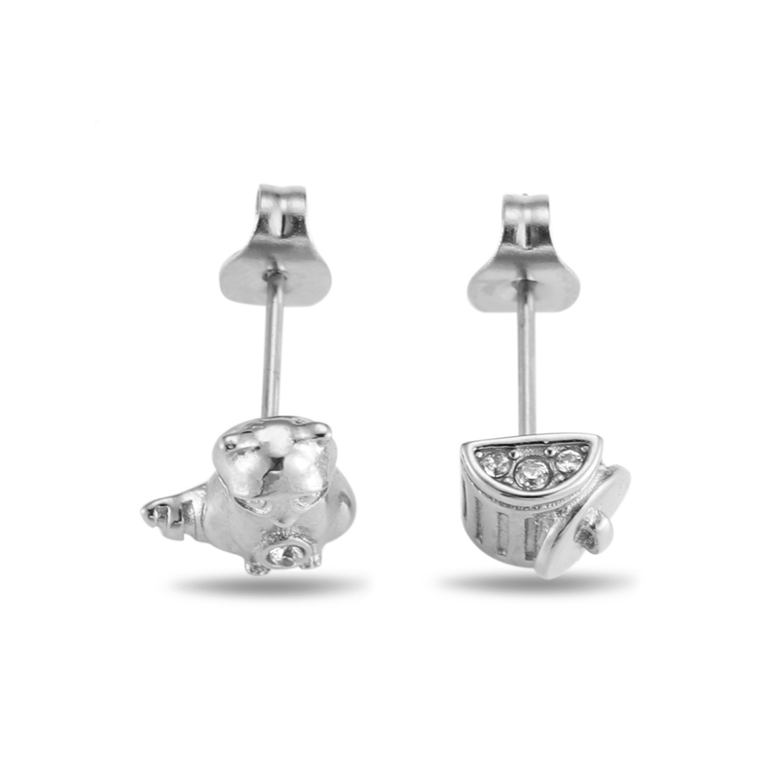 Trash Panda raccoon stud earrings in silver or gold with a trash can stud charm and a hidden CZ stone
