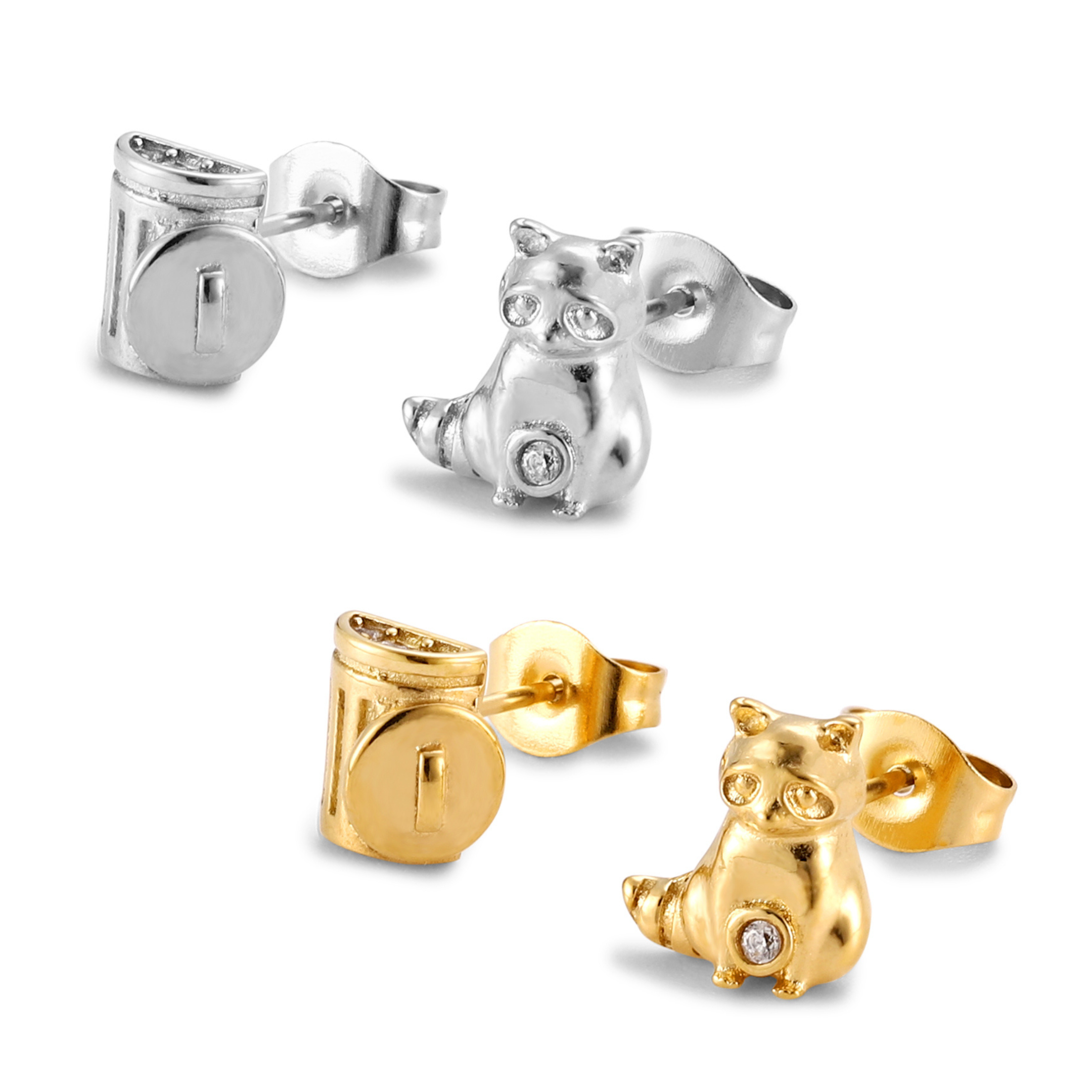 Trash Panda raccoon stud earrings in silver or gold with a trash can stud charm and a hidden CZ stone