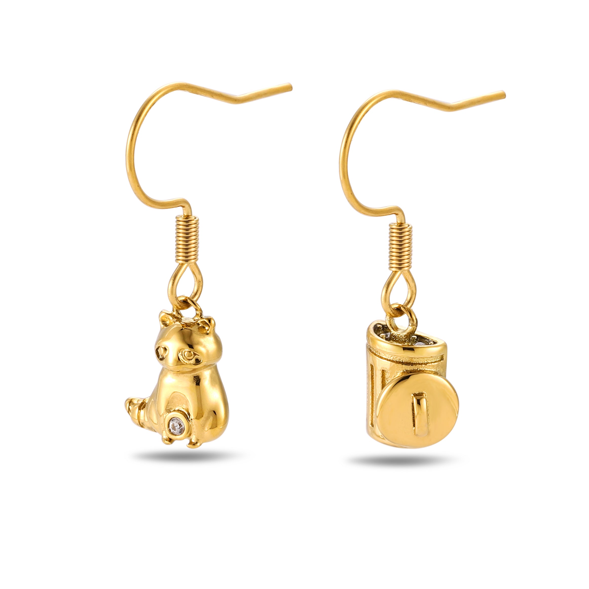 Trash Panda raccoon dangle earrings in silver or gold with a dangling raccoon charm and CZ stones