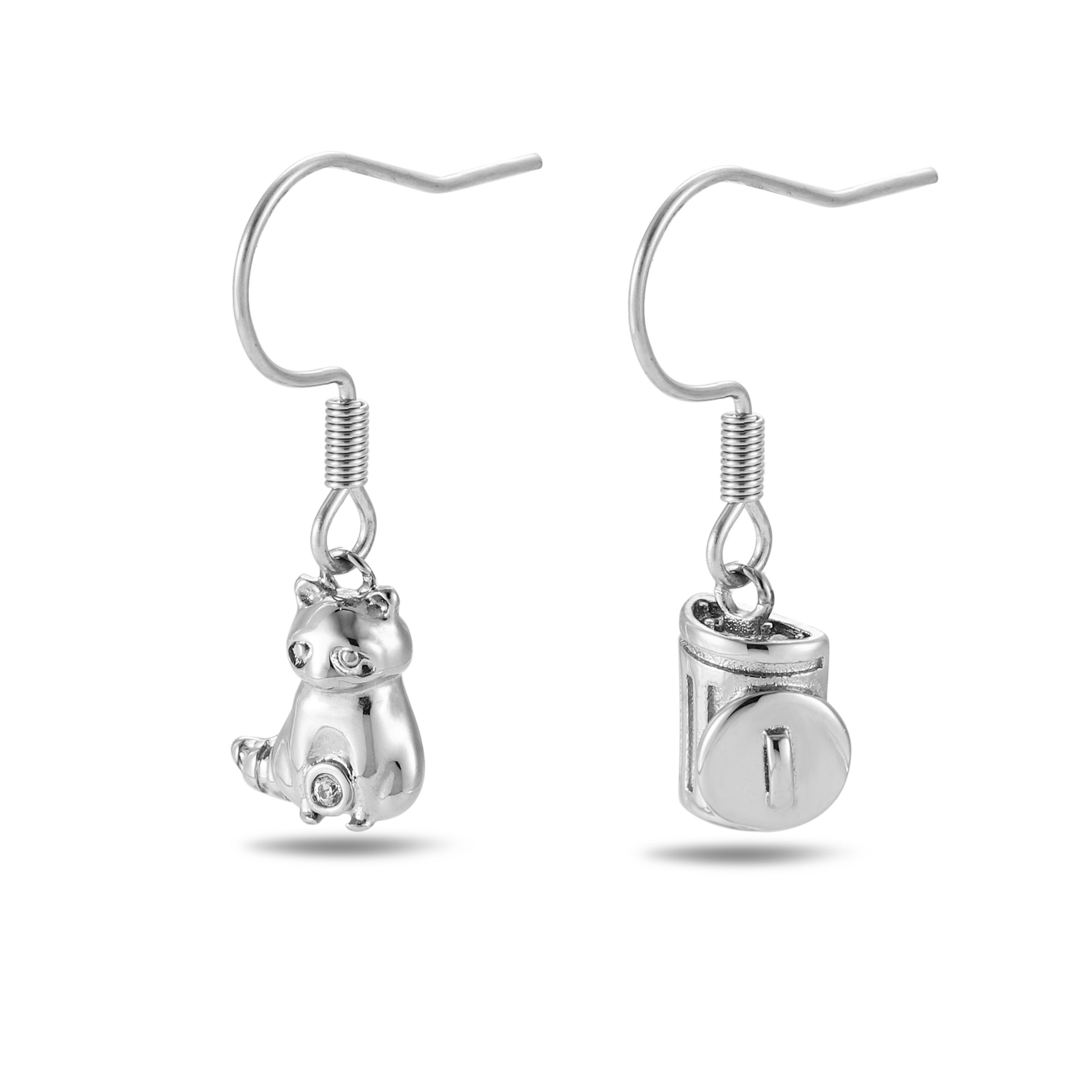 Trash Panda raccoon dangle earrings in silver or gold with a dangling raccoon charm and CZ stones