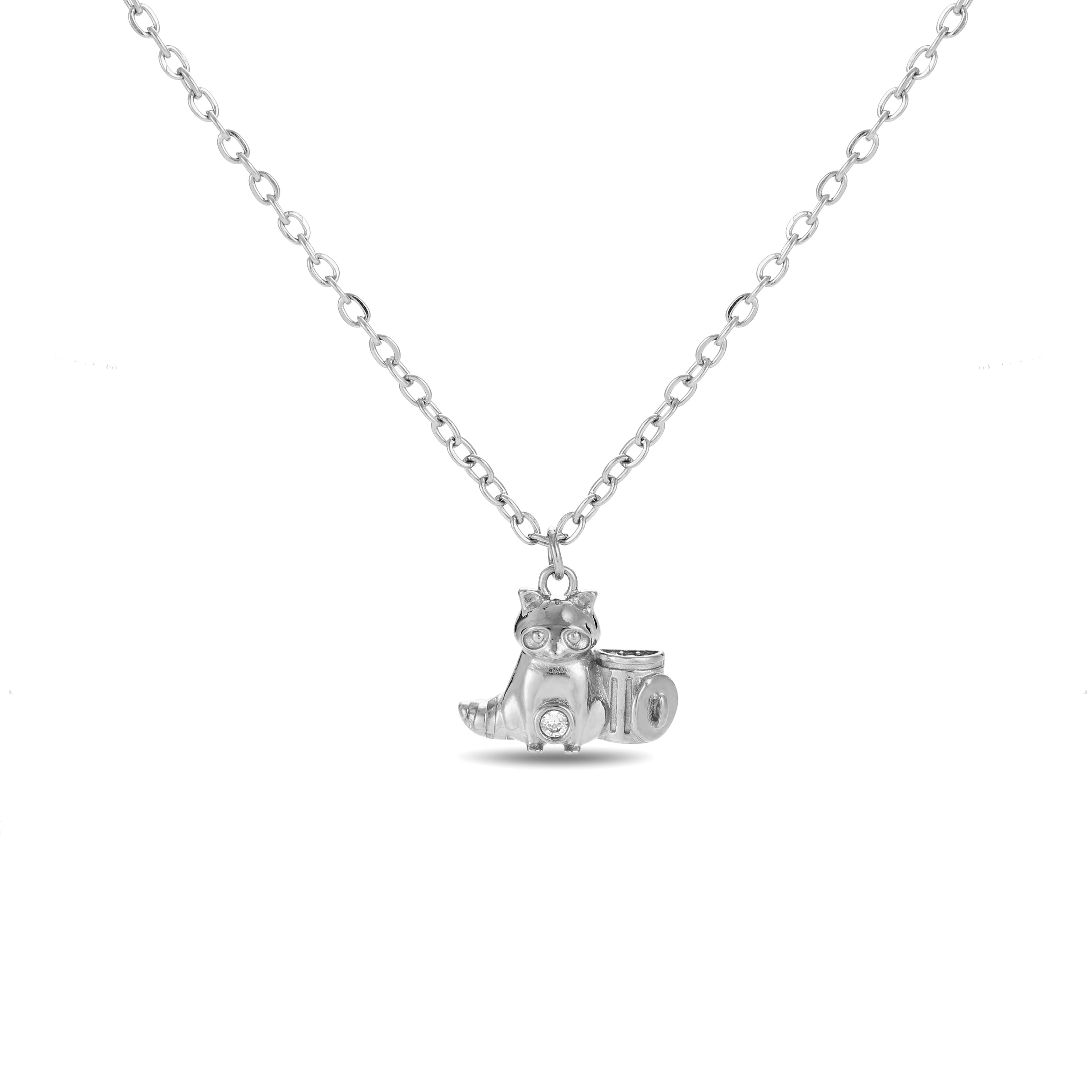 Trash Panda raccoon charm necklace in silver or gold with a raccoon charm and CZ stones