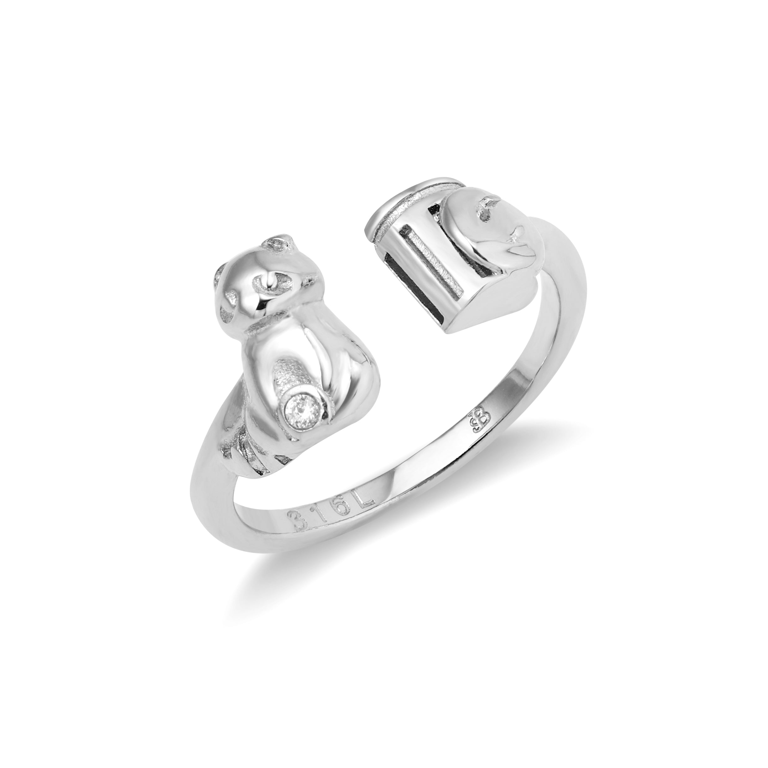Trash Panda raccoon ring in silver or gold with a raccoon charm and CZ stones